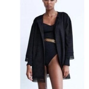 ZARA Jacket Women's Small Black Faux Suede Lace Trim Boho Open Front Oversized
